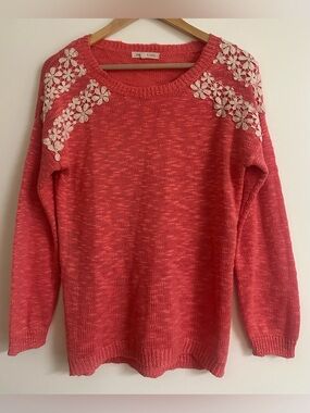 Pink Rose Coral Crewneck Sweater with Cream Floral Appliqué